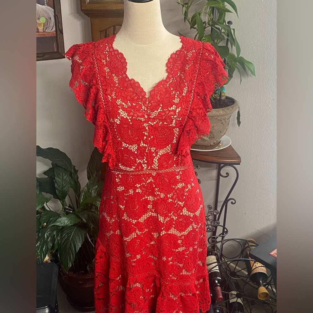 Romantic V-Neck Floral Lace Midi Dress in Ruby
